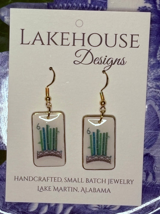6 Bamboo, Mahjong tile Dangle Earrings