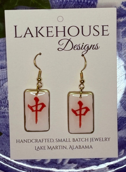 Red Dragon, Mahjong Tile Dangle Earrings