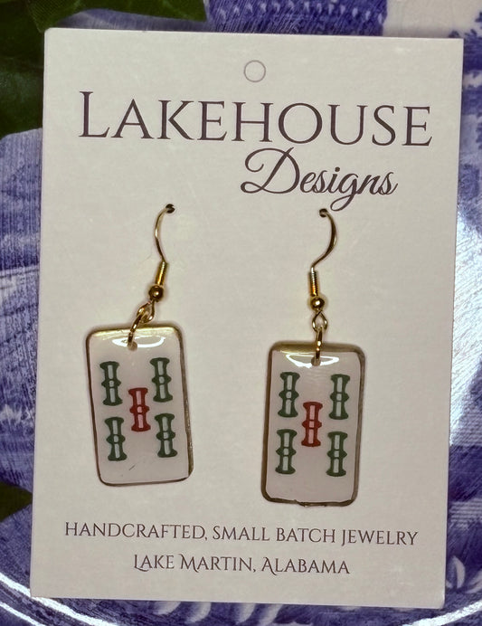 5 Bamboo, Mahjong Tile Dangle Earrings