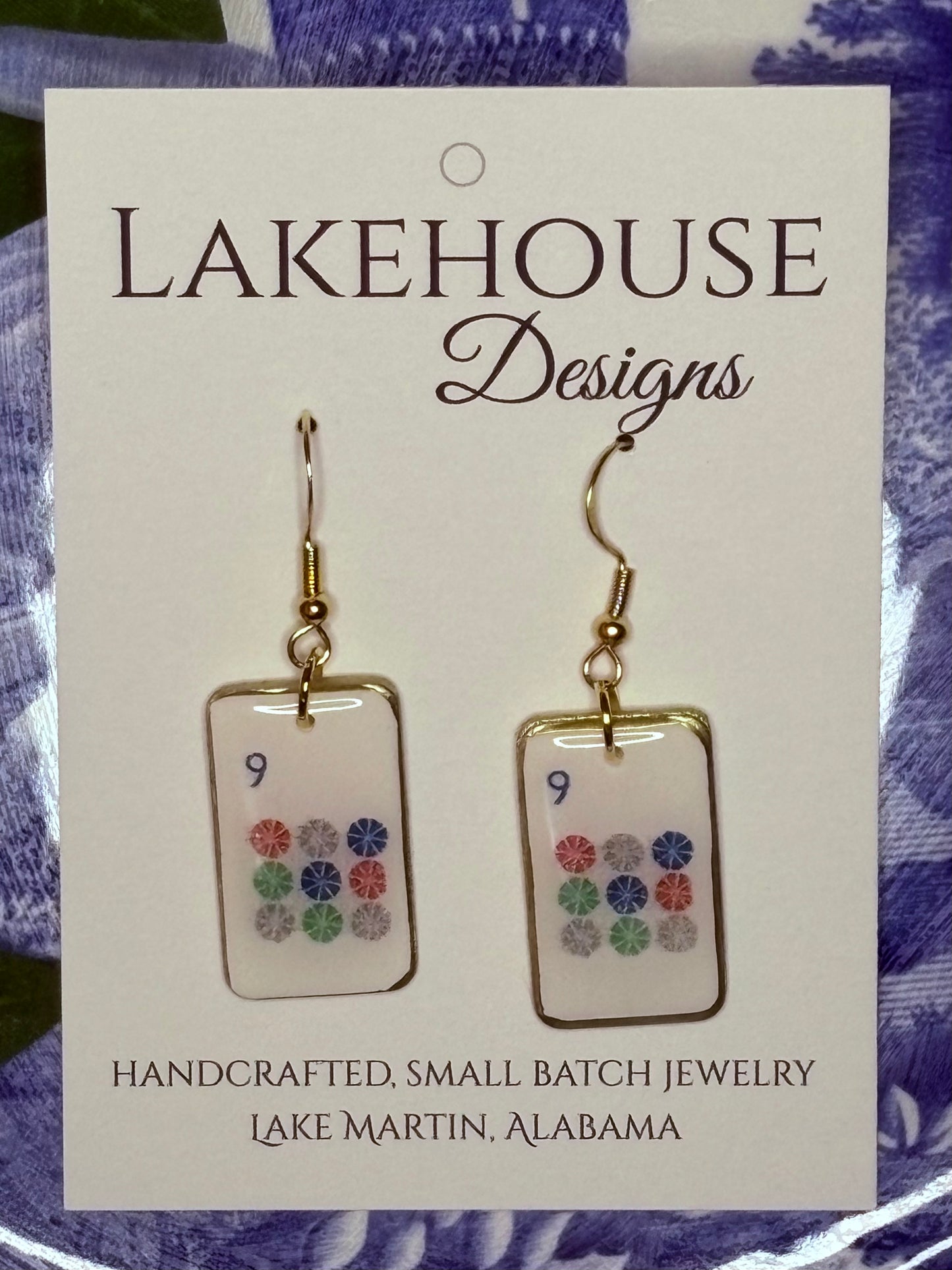 9 Dot, Mahjong Tile Dangle Earrings