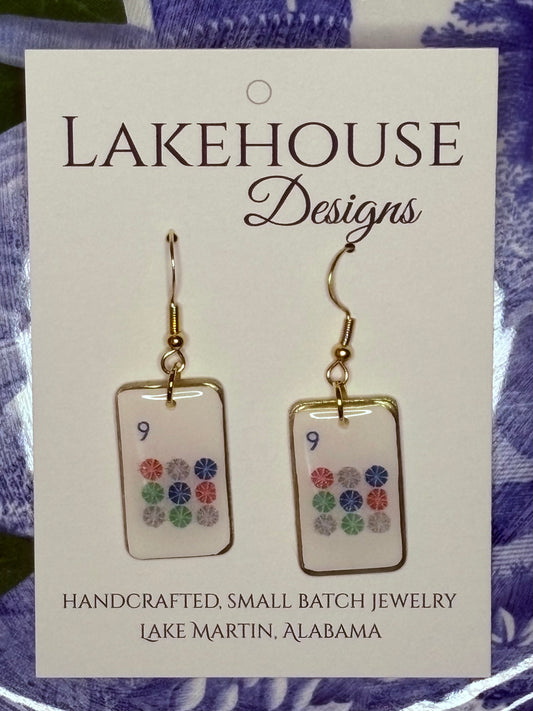 9 Dot, Mahjong Tile Dangle Earrings