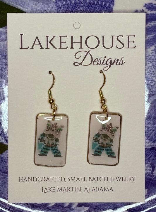 Green Dragon, Mahjong Tile Dangle Earrings